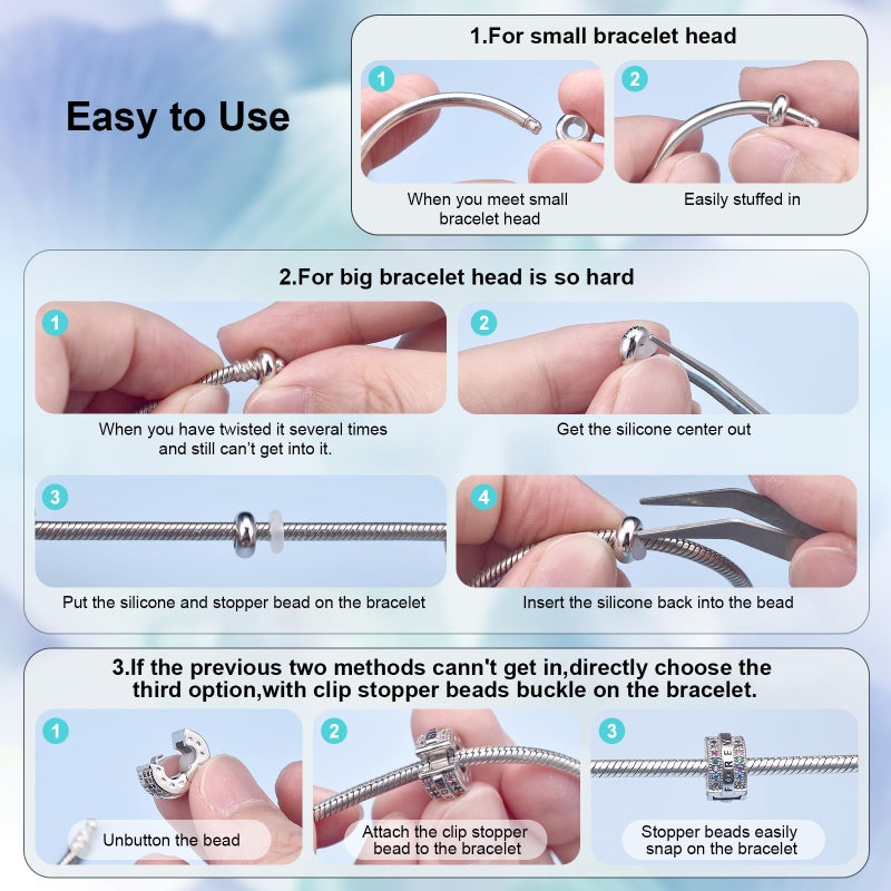 DALARAN 4pcs Sterling Silver Charm Stoppers Fit Pandora Charms Bracelet Bangle (Silver-4pcs) Christmas Bead for Women - Image 3